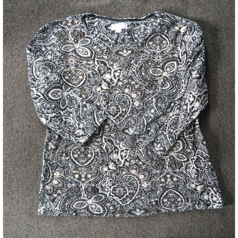 Charter Club Blouse Petite Lg Pima Cotton Luxury Abstract Gloral Gold Glitter